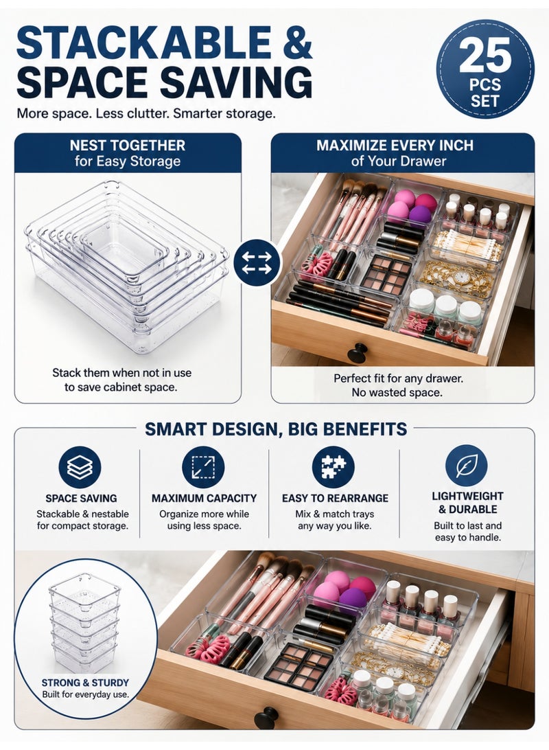 Clear Drawer Organizer Tray Set, 25-Piece Modular Storage Bins in 4 Sizes, Stackable Plastic Drawer Organizers for Makeup, Kitchen, Bathroom, Office, Vanity & Desk Organization - Image 5