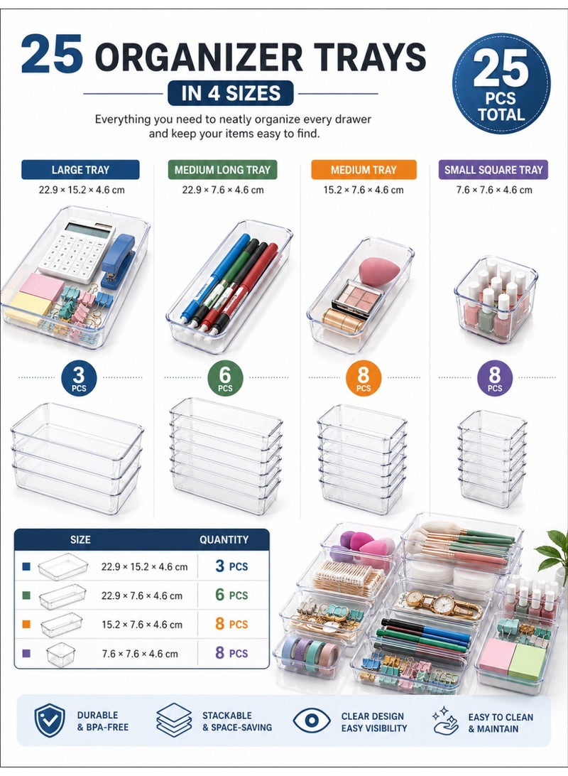 Clear Drawer Organizer Tray Set, 25-Piece Modular Storage Bins in 4 Sizes, Stackable Plastic Drawer Organizers for Makeup, Kitchen, Bathroom, Office, Vanity & Desk Organization - Image 2