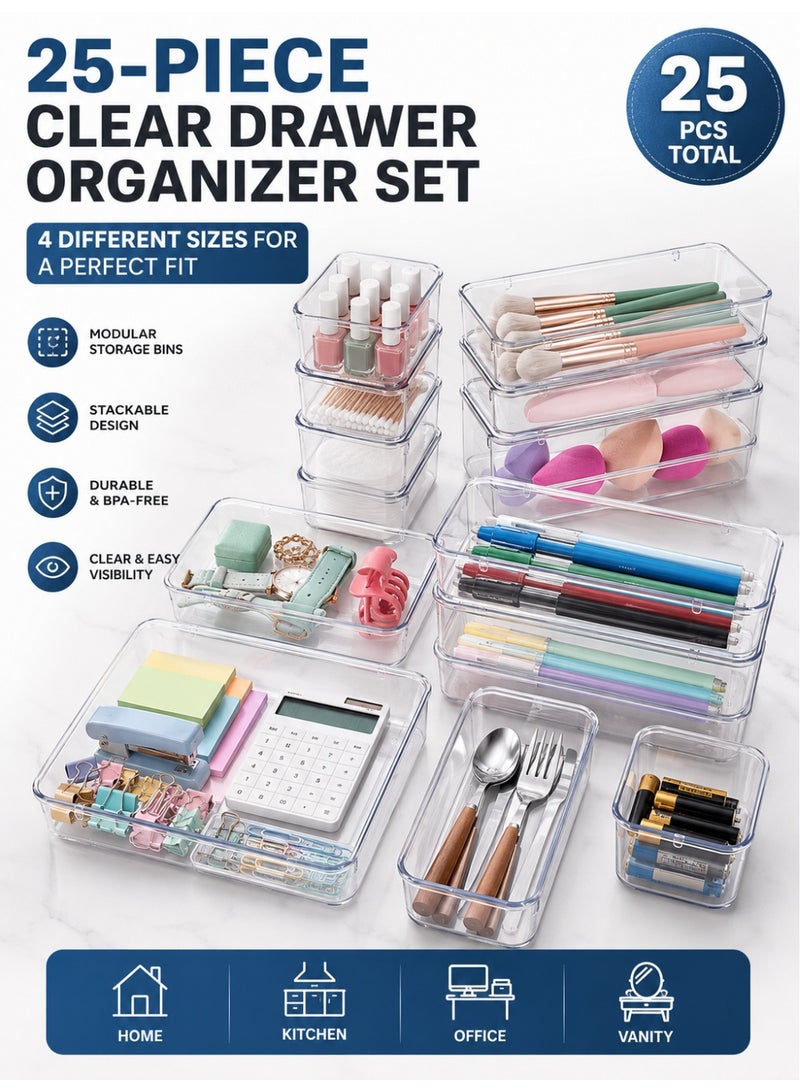 Clear Drawer Organizer Tray Set, 25-Piece Modular Storage Bins in 4 Sizes, Stackable Plastic Drawer Organizers for Makeup, Kitchen, Bathroom, Office, Vanity & Desk Organization - Image 1