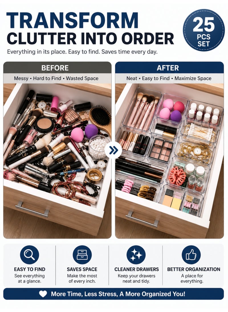 Clear Drawer Organizer Tray Set, 25-Piece Modular Storage Bins in 4 Sizes, Stackable Plastic Drawer Organizers for Makeup, Kitchen, Bathroom, Office, Vanity & Desk Organization - Image 4