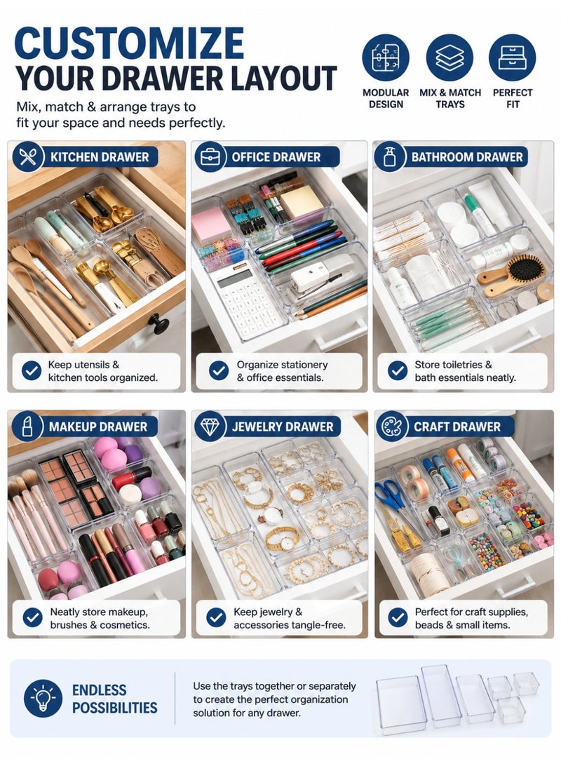 Clear Drawer Organizer Tray Set, 25-Piece Modular Storage Bins in 4 Sizes, Stackable Plastic Drawer Organizers for Makeup, Kitchen, Bathroom, Office, Vanity & Desk Organization - Image 3