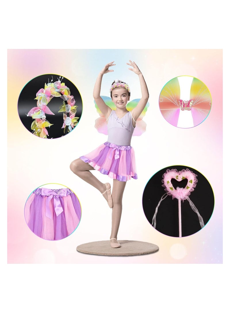 Excefore Fairy Wings Costume Kids, 4 Pieces Costume Dress Princess Headband Butterfly Wing Magic Wand Tutu Skirt for Fancy Dressing up Clothes for Women Girls Carnival Party - Image 3