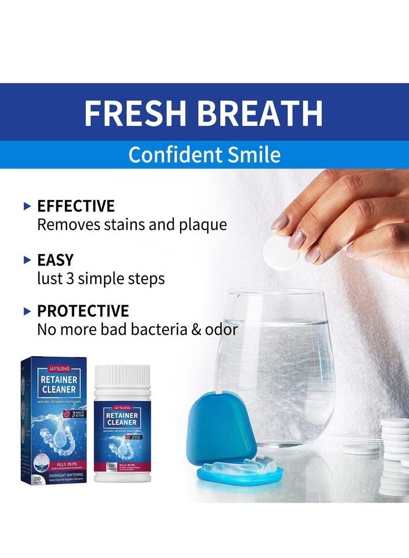 100 Pcs Retainer Cleaner Tablets, Denture Cleaning Tablets 100 Tabs Mouth Guard False Teeth Cleaning Removes Odors Stains - Image 4