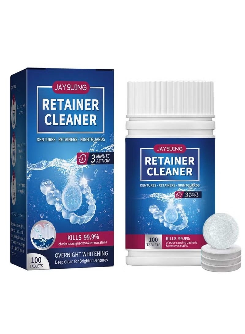 100 Pcs Retainer Cleaner Tablets, Denture Cleaning Tablets 100 Tabs Mouth Guard False Teeth Cleaning Removes Odors Stains - Image 1