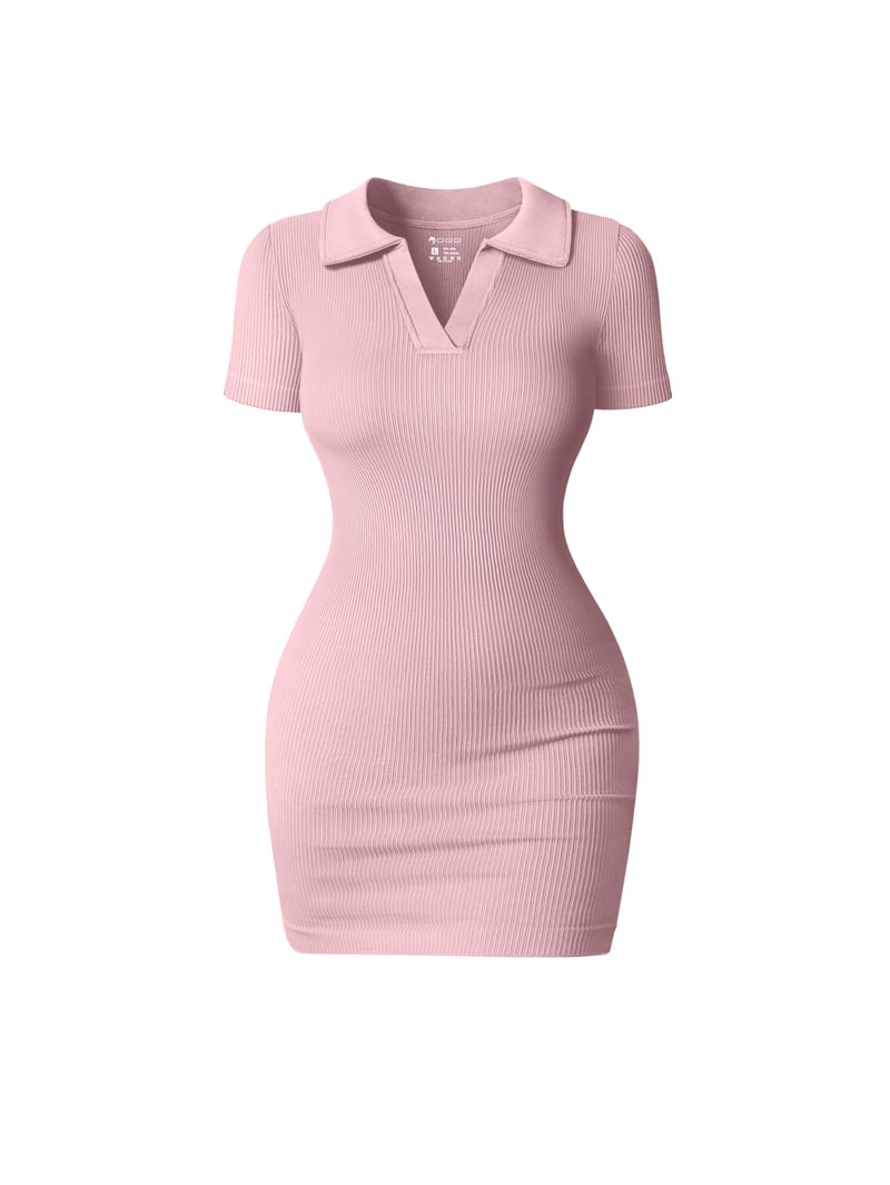 OQQ Women's Mini Dresses Sexy Ribbed Short Sleeve Tummy Control Bodycon Mini Dress Hide Pink - Image 1