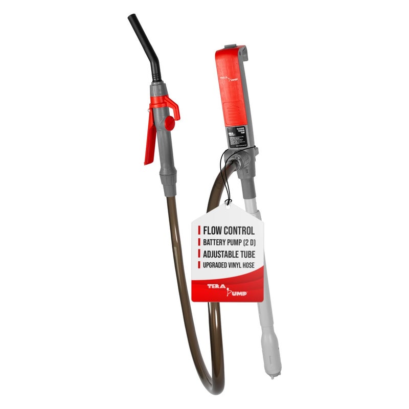 TERA PUMP Fuel Transfer Pump wQuick Flow Control Nozzle  Telescopic Tube  3X Powerful D Battery Powered 39 Vinyl Discharge Hose Portable Battery Pump For Gas Diesel Water 26 GPM