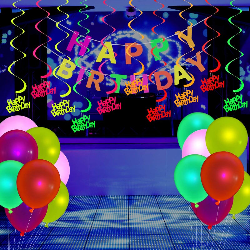 Sumind Glow Neon Party Supplies Set Glow in the Dark Happy Birthday Banner with UV Black Light Reactive Cake Topper Swirls Neon Fluorescent Latex Balloons Stars for Birthday Party - Image 2