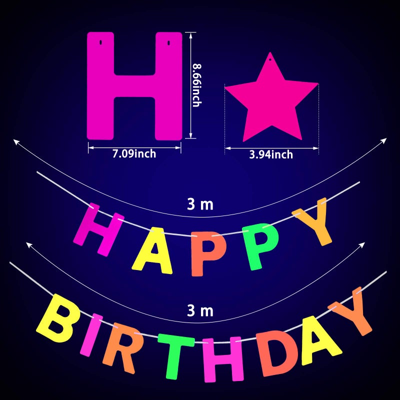 Sumind Glow Neon Party Supplies Set Glow in the Dark Happy Birthday Banner with UV Black Light Reactive Cake Topper Swirls Neon Fluorescent Latex Balloons Stars for Birthday Party - Image 4