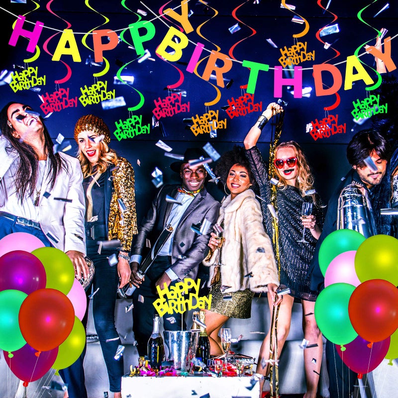 Sumind Glow Neon Party Supplies Set Glow in the Dark Happy Birthday Banner with UV Black Light Reactive Cake Topper Swirls Neon Fluorescent Latex Balloons Stars for Birthday Party - Image 3