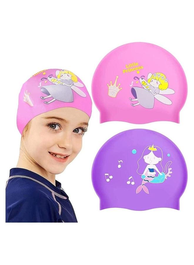 2 Pieces Kids Swimming Cap, Stretchable Waterproof Comfortable Hat, Durable Silicone Cap with Storage Bag - Image 1