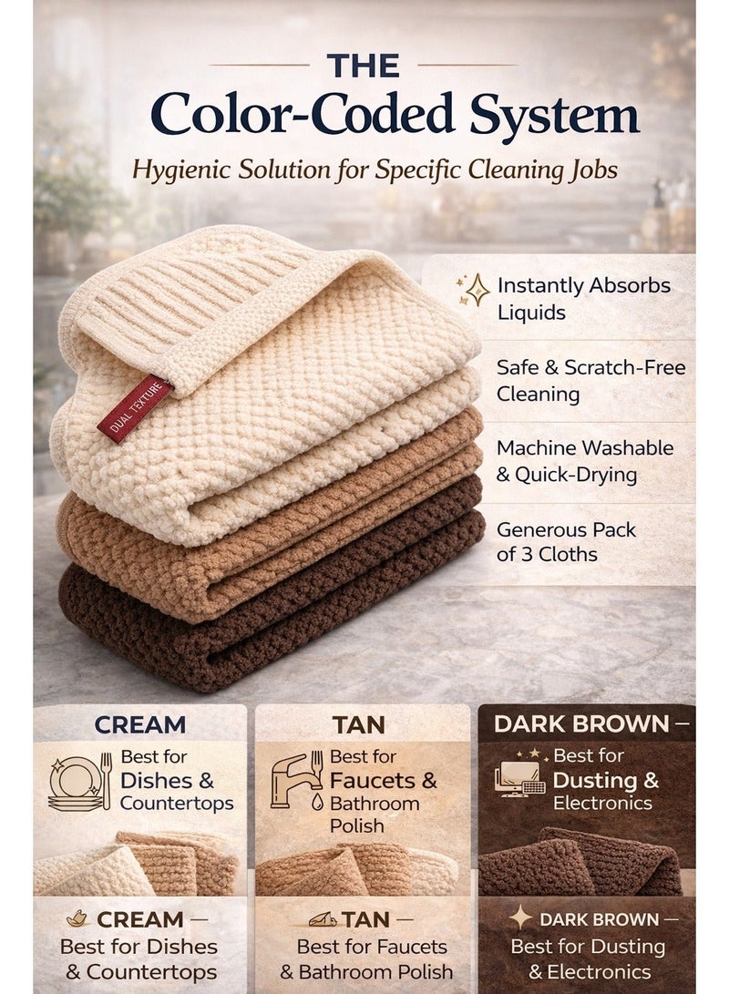 Trendify Premium Cotton Dish Cloths Pack of 3 - Dual-Texture Waffle Weave & Ribbed Dish Cloths for Kitchen & Bathroom - Ultra Absorbent, Lint-Free & Reusable Scrubbing Rags - Scrubbing & Polishing Sides - 30x30cm (Cream, Tan, Dark Brown) - Image 5