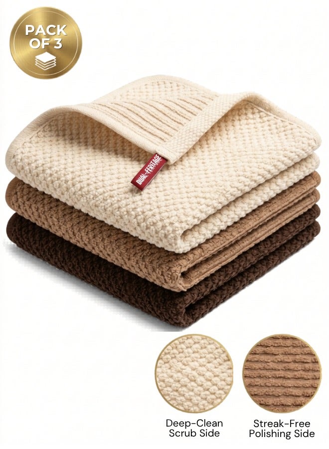 Trendify Premium Cotton Dish Cloths Pack of 3 - Dual-Texture Waffle Weave & Ribbed Dish Cloths for Kitchen & Bathroom - Ultra Absorbent, Lint-Free & Reusable Scrubbing Rags - Scrubbing & Polishing Sides - 30x30cm (Cream, Tan, Dark Brown) - Image 1