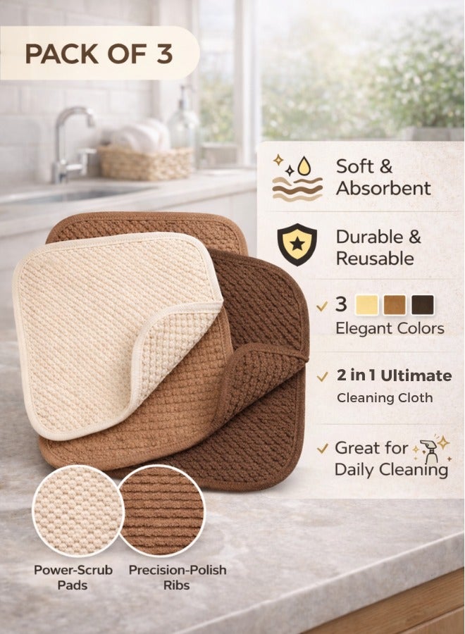 Trendify Premium Cotton Dish Cloths Pack of 3 - Dual-Texture Waffle Weave & Ribbed Dish Cloths for Kitchen & Bathroom - Ultra Absorbent, Lint-Free & Reusable Scrubbing Rags - Scrubbing & Polishing Sides - 30x30cm (Cream, Tan, Dark Brown) - Image 2