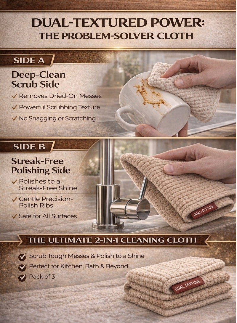 Trendify Premium Cotton Dish Cloths Pack of 3 - Dual-Texture Waffle Weave & Ribbed Dish Cloths for Kitchen & Bathroom - Ultra Absorbent, Lint-Free & Reusable Scrubbing Rags - Scrubbing & Polishing Sides - 30x30cm (Cream, Tan, Dark Brown) - Image 3