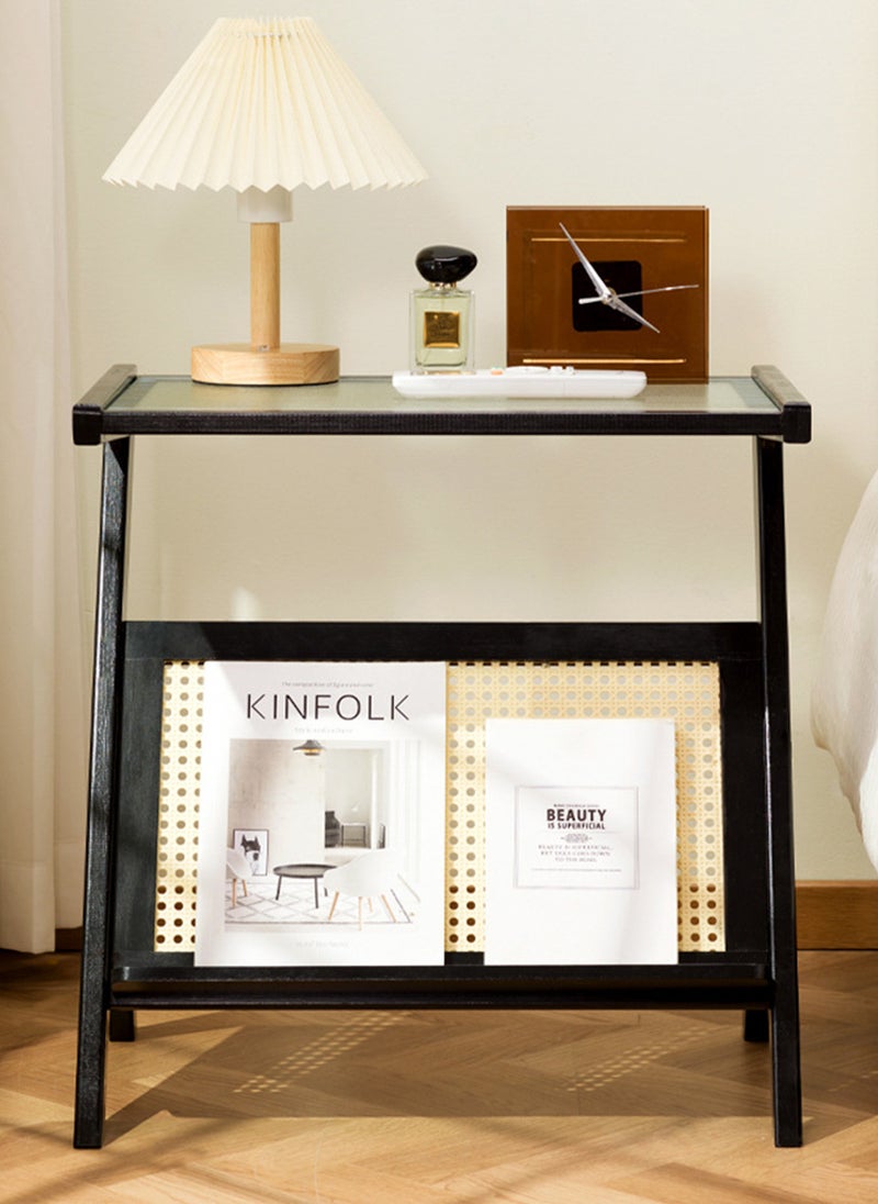 SHARPDO Rattan Side Table, Mid Century Nightstand, Bamboo Accent Bedside Tables, Glass Coffee Tables, Boho Wooden End Table with Storage for Small Space, Living Room and Bedroom 45*37*56CM - Image 3