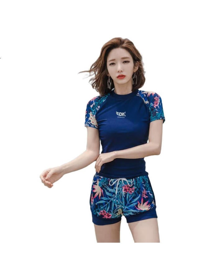 DK Women'S Two-Piece Swimsuit, Korean Style, Conservative, Tummy-Concealing, Slimming, Hot Spring, Sports Swimming Costume, Navy Blue Floral, Short Sleeve Shorts, L - Image 3