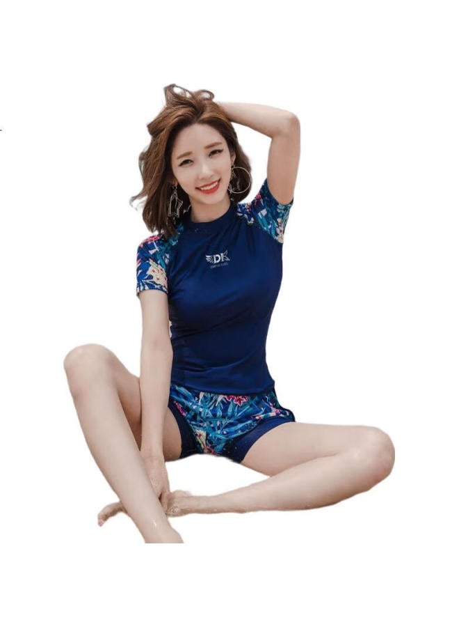 DK Women'S Two-Piece Swimsuit, Korean Style, Conservative, Tummy-Concealing, Slimming, Hot Spring, Sports Swimming Costume, Navy Blue Floral, Short Sleeve Shorts, L - Image 1