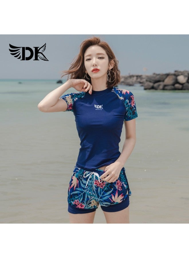 Dk Women's Two-piece Swimsuit, Korean Style, Conservative, Tummy-concealing, Slimming, Hot Spring, Sports Swimming Costume, Navy Blue Floral, Short Sleeve Shorts, L - Image 2