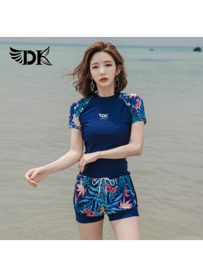 Dk Women's Two-piece Swimsuit, Korean Style, Conservative, Tummy-concealing, Slimming, Hot Spring, Sports Swimming Costume, Navy Blue Floral, Short Sleeve Shorts, L - Image 4