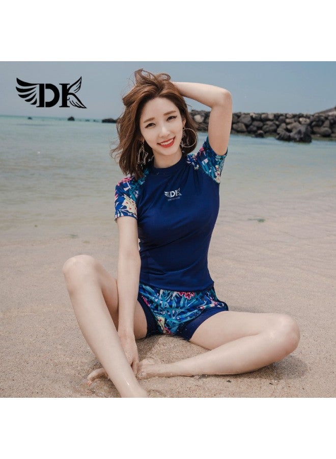 Dk Women's Two-piece Swimsuit, Korean Style, Conservative, Tummy-concealing, Slimming, Hot Spring, Sports Swimming Costume, Navy Blue Floral, Short Sleeve Shorts, L - Image 3