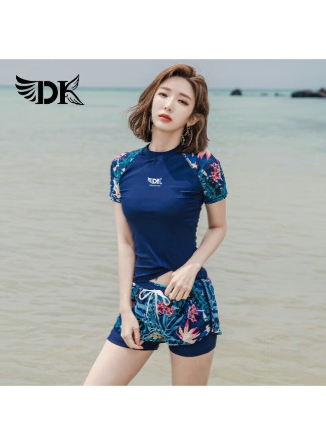Dk Women's Two-piece Swimsuit, Korean Style, Conservative, Tummy-concealing, Slimming, Hot Spring, Sports Swimming Costume, Navy Blue Floral, Short Sleeve Shorts, L - Image 1