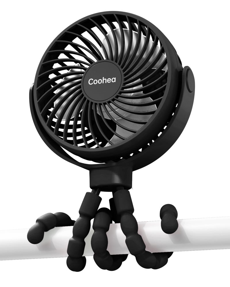 Coohea Stroller Fan Clip on for Baby 4000mAh Rechargeable Battery Operated Flexible Tripod 3 Wind Speed 360 Rotatable Small Cooling Portable Fan for Car Seat Crib Golf Cart Bike Treadmill Black