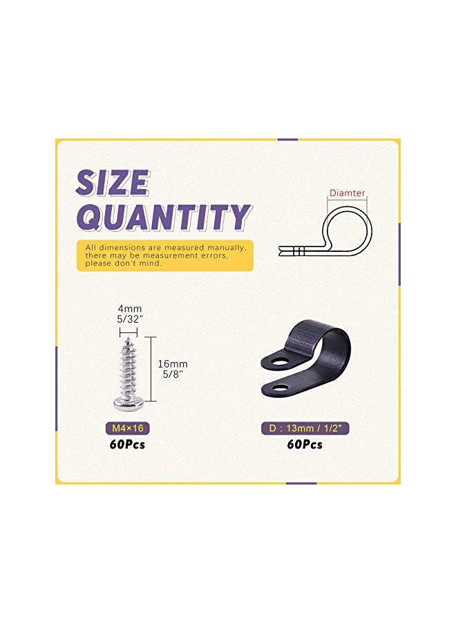 promass 60 Pack Black 1/2 Inch Nylon Plastic R-Type Cable Clips Clamp Kit, Nylon Screw Mounting Cord Fastener Clips with 60 Pack Screws for Wire Management - Image 2