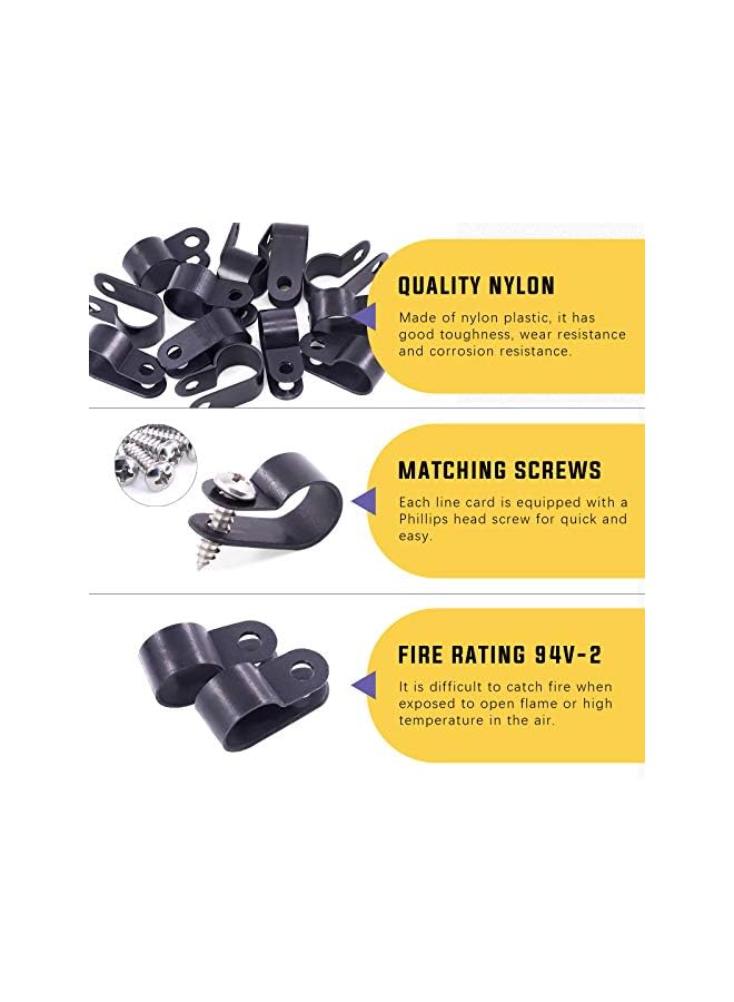 promass 60 Pack Black 1/2 Inch Nylon Plastic R-Type Cable Clips Clamp Kit, Nylon Screw Mounting Cord Fastener Clips with 60 Pack Screws for Wire Management - Image 3