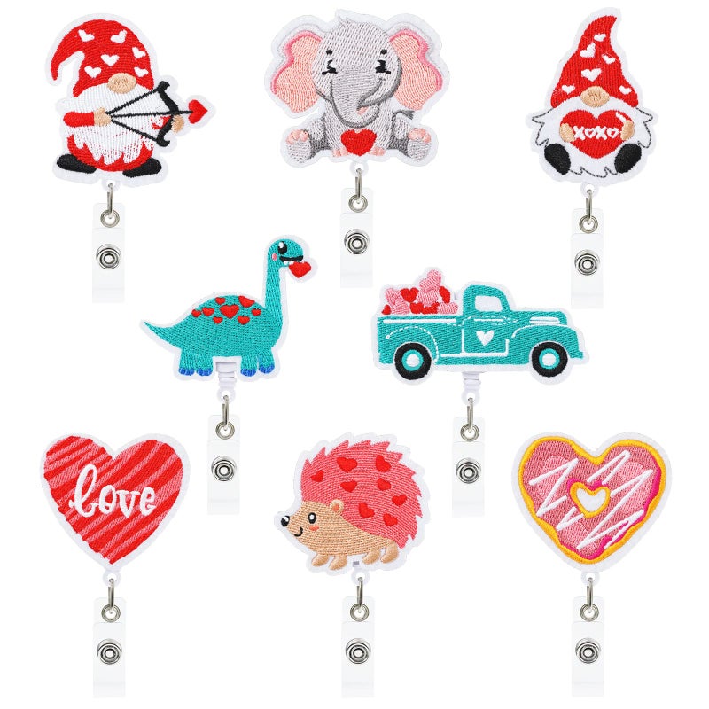 Whaline 8Pcs Valentine's Day Felt Badge Reels Gnome Animal Heart Truck Retractable Badge Holder with Swivel Alligator Clip Green Pink Embroidered Cute Name ID Badge Reels for Nurse Office Worker - Image 1