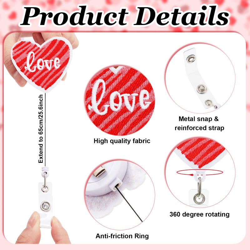 Whaline 8Pcs Valentine's Day Felt Badge Reels Gnome Animal Heart Truck Retractable Badge Holder with Swivel Alligator Clip Green Pink Embroidered Cute Name ID Badge Reels for Nurse Office Worker - Image 3
