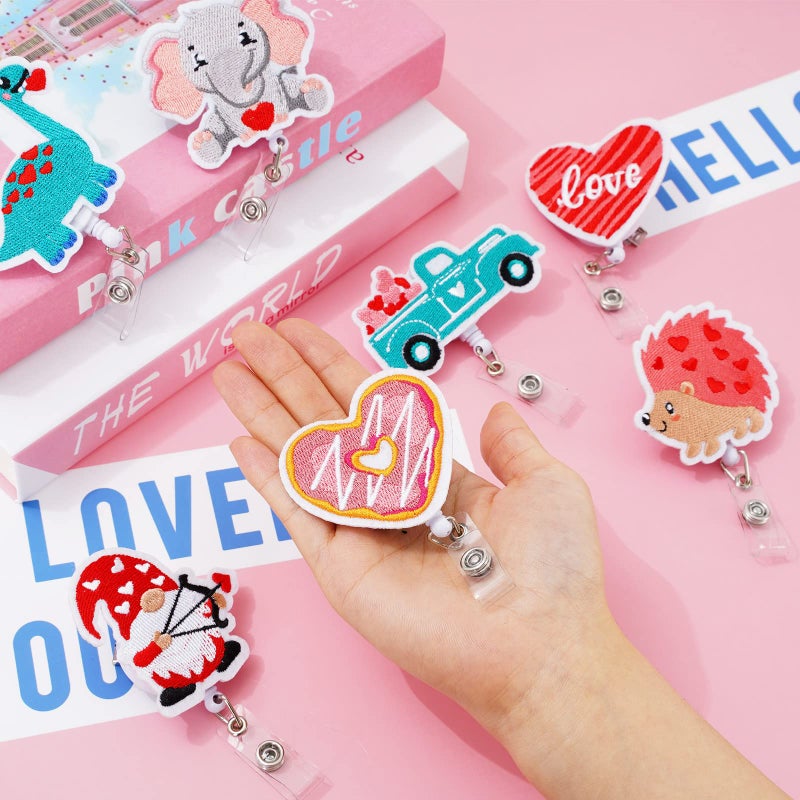 Whaline 8Pcs Valentine's Day Felt Badge Reels Gnome Animal Heart Truck Retractable Badge Holder with Swivel Alligator Clip Green Pink Embroidered Cute Name ID Badge Reels for Nurse Office Worker - Image 5