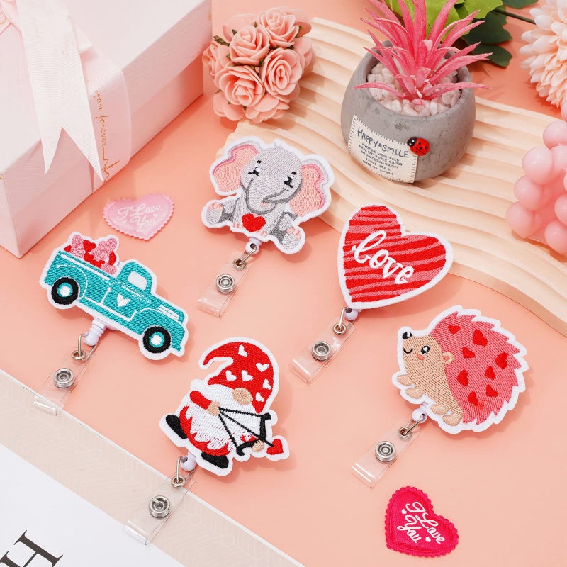 Whaline 8Pcs Valentine's Day Felt Badge Reels Gnome Animal Heart Truck Retractable Badge Holder with Swivel Alligator Clip Green Pink Embroidered Cute Name ID Badge Reels for Nurse Office Worker - Image 4