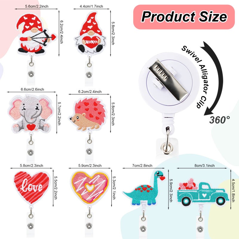 Whaline 8Pcs Valentine's Day Felt Badge Reels Gnome Animal Heart Truck Retractable Badge Holder with Swivel Alligator Clip Green Pink Embroidered Cute Name ID Badge Reels for Nurse Office Worker - Image 2