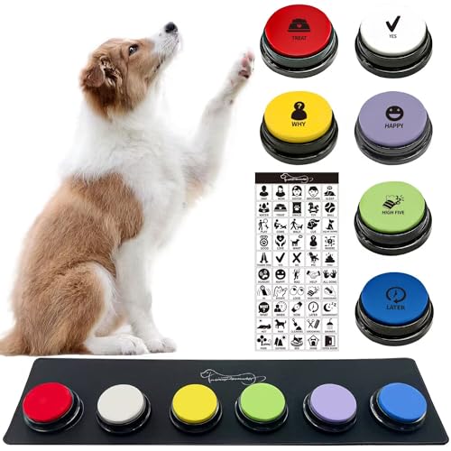 RIBOSY Set of 6 Recordable Buttons with Rubber Mat and 50 Training Stickers, Dog Buttons for Communication - Record& Playback Your Own Voice to Train Your Pet Voice What They Want（Battery Included） - Image 1