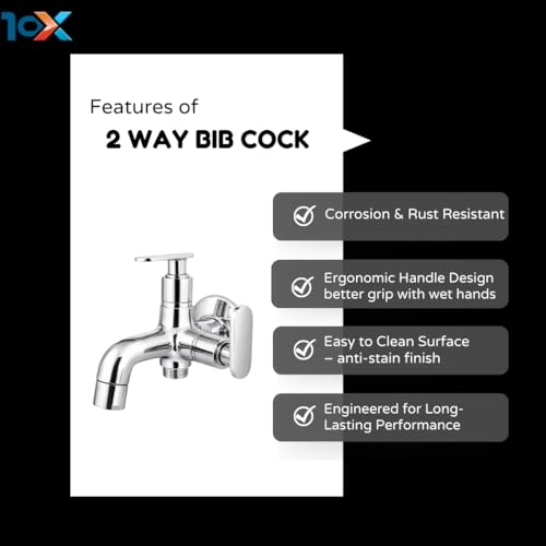 10x Bib Tap 2 Way BC- 2243 15 MM | Dual Outlet Wall Mounted Tap with Aerator | Heavy Brass Cartridge | Chrome Plated | Compatible with Health Faucet/Jet Spray - Image 3