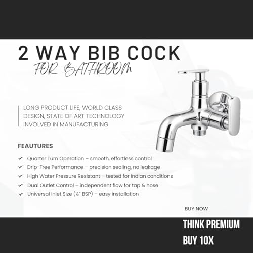 10x Bib Tap 2 Way BC- 2243 15 MM | Dual Outlet Wall Mounted Tap with Aerator | Heavy Brass Cartridge | Chrome Plated | Compatible with Health Faucet/Jet Spray - Image 2