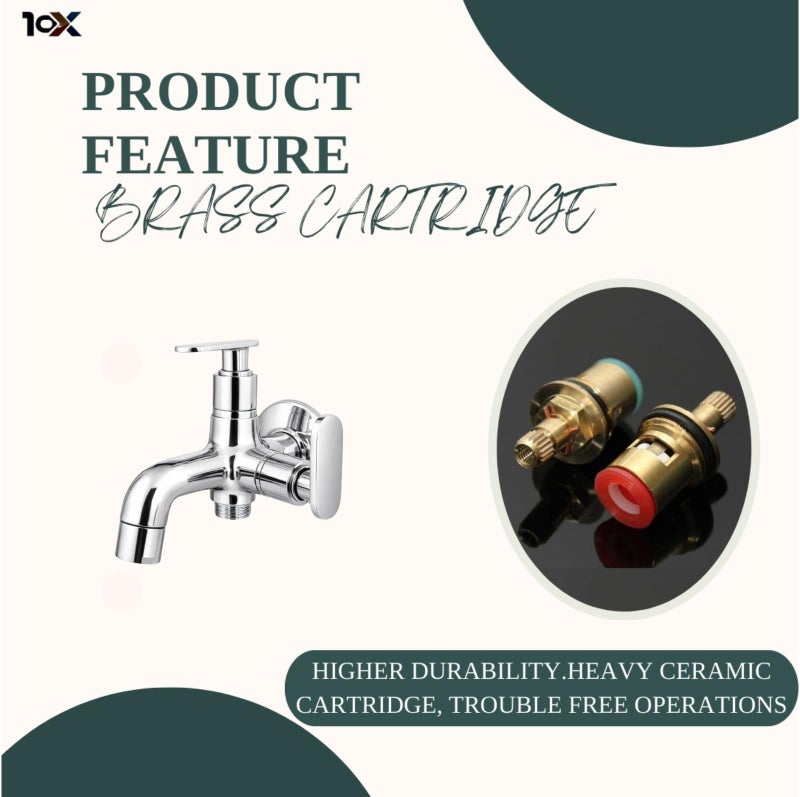 10x Bib Tap 2 Way BC- 2243 15 MM | Dual Outlet Wall Mounted Tap with Aerator | Heavy Brass Cartridge | Chrome Plated | Compatible with Health Faucet/Jet Spray - Image 4