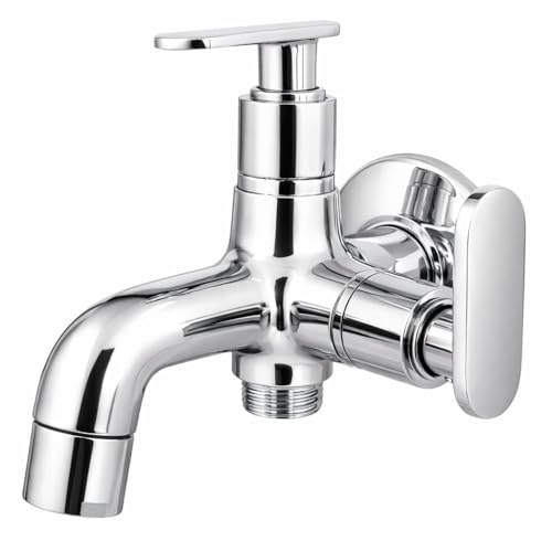 10x Bib Tap 2 Way BC- 2243 15 MM | Dual Outlet Wall Mounted Tap with Aerator | Heavy Brass Cartridge | Chrome Plated | Compatible with Health Faucet/Jet Spray - Image 1