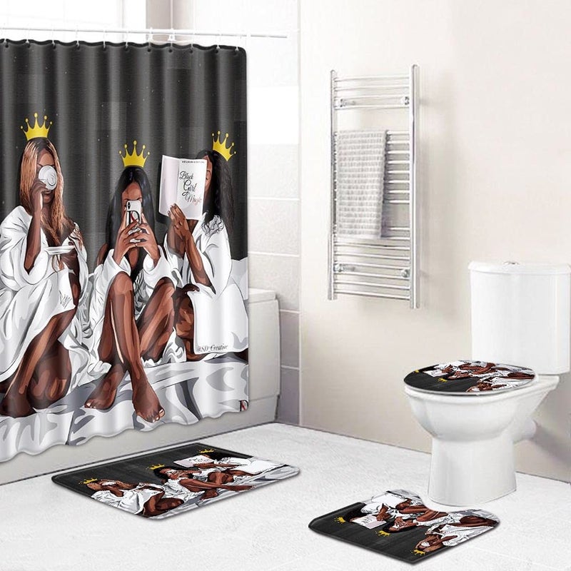 DDS-DUDES 4Pcs African American Black Women Waterproof Shower Curtain Sets for Bathroom with Non Slip Rugs, Toilet Cover and Bath Mat, 12 Plastic Hooks (Queen) - Image 1