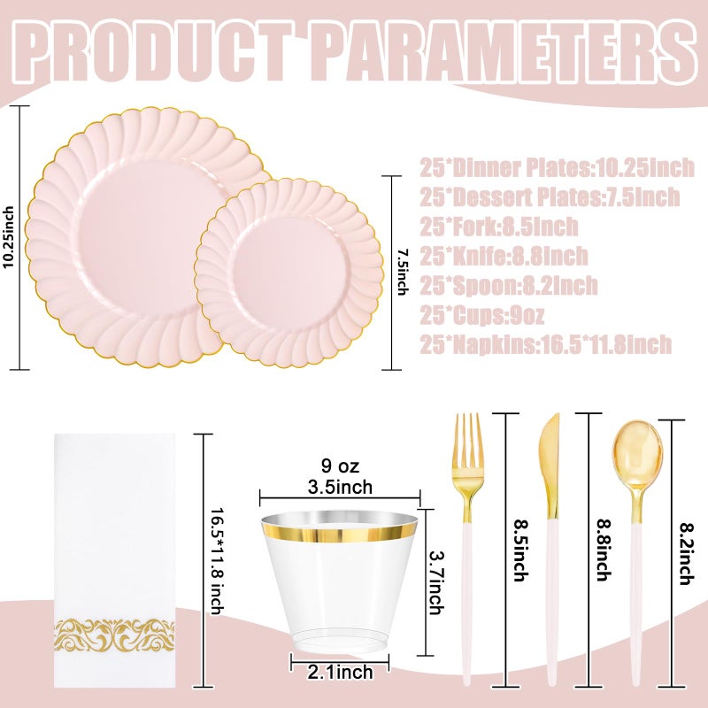 Ciaell 175 PCS Pink Scalloped Plastic Plates with Gold Trim - Pink Plastic Silverware with Handle - Fancy High-End Dinnerware Sets for Wedding & Baby Showers & Party & Easter - Image 2