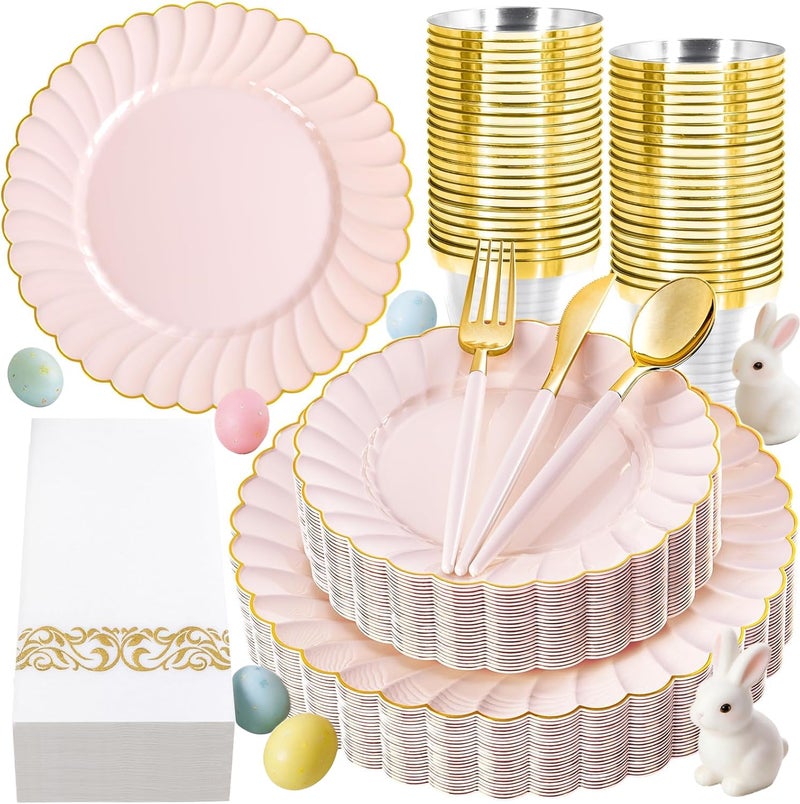 Ciaell 175 PCS Pink Scalloped Plastic Plates with Gold Trim - Pink Plastic Silverware with Handle - Fancy High-End Dinnerware Sets for Wedding & Baby Showers & Party & Easter - Image 1