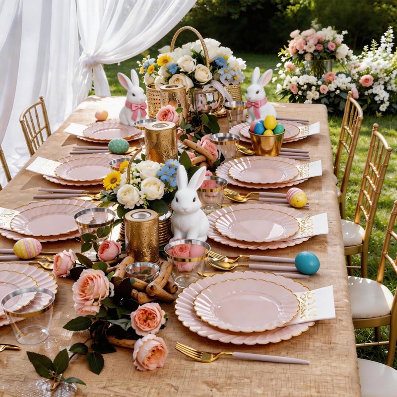 Ciaell 175 PCS Pink Scalloped Plastic Plates with Gold Trim - Pink Plastic Silverware with Handle - Fancy High-End Dinnerware Sets for Wedding & Baby Showers & Party & Easter - Image 4