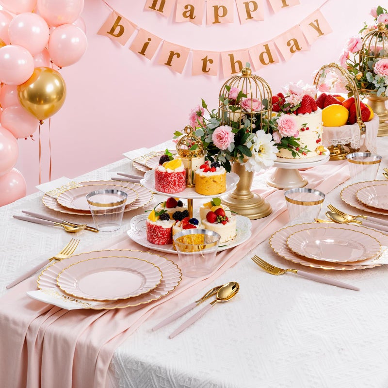 Ciaell 175 PCS Pink Scalloped Plastic Plates with Gold Trim - Pink Plastic Silverware with Handle - Fancy High-End Dinnerware Sets for Wedding & Baby Showers & Party & Easter - Image 5