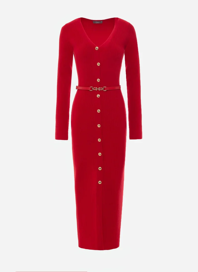 ليتشي فستان جيرسي بطول ميدي  مع حزام ذو زينة ذهبية