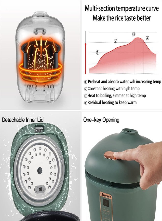 CHACEEF Mini Rice Cooker 2-Cups Uncooked, 1.2L Portable Non-Stick Small Travel Rice Cooker, Smart Control Multifunction Cooker with 24 Hours Timer Delay & Keep Warm Function, Food Steamer, Green - Image 5
