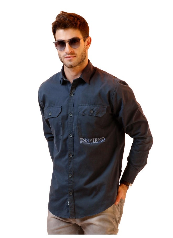 Beyoung Midnight Blue Cotton Lycra Urban Shirt for Men  - Image 1