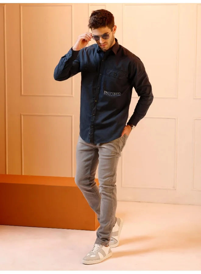 Beyoung Midnight Blue Cotton Lycra Urban Shirt for Men