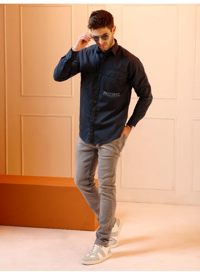 Beyoung Midnight Blue Cotton Lycra Urban Shirt for Men  - Image 4