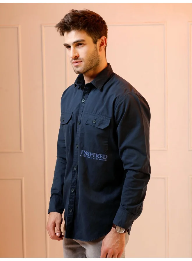 Beyoung Midnight Blue Cotton Lycra Urban Shirt for Men