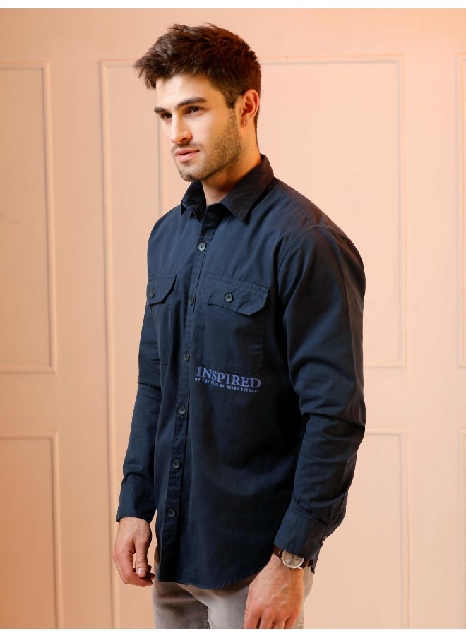 Beyoung Midnight Blue Cotton Lycra Urban Shirt for Men  - Image 3